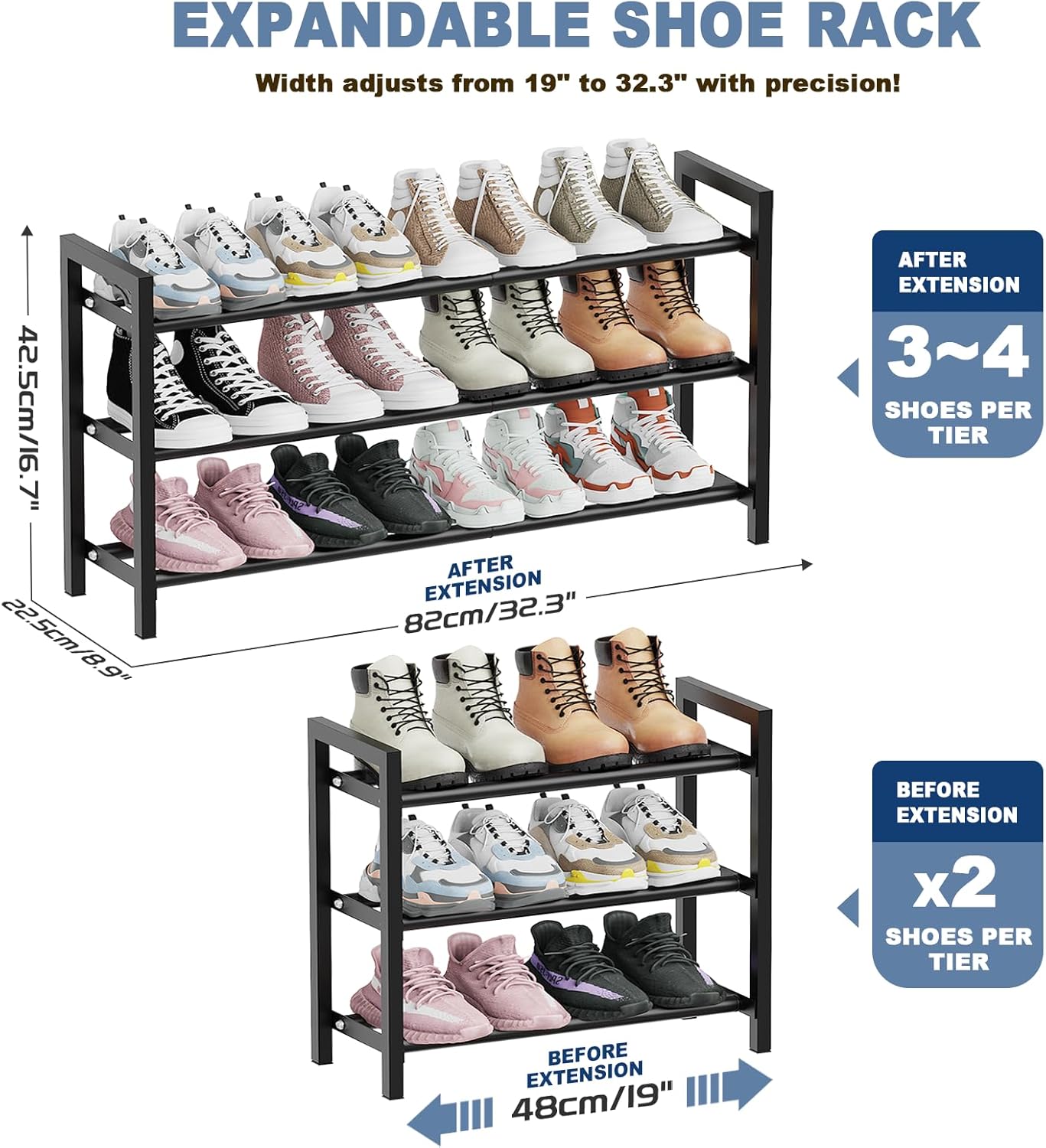 Mavivegue Expandable Shoe Rack - 3-Tier Adjustable Organizer for Closet & Entryway | 18-33” Size