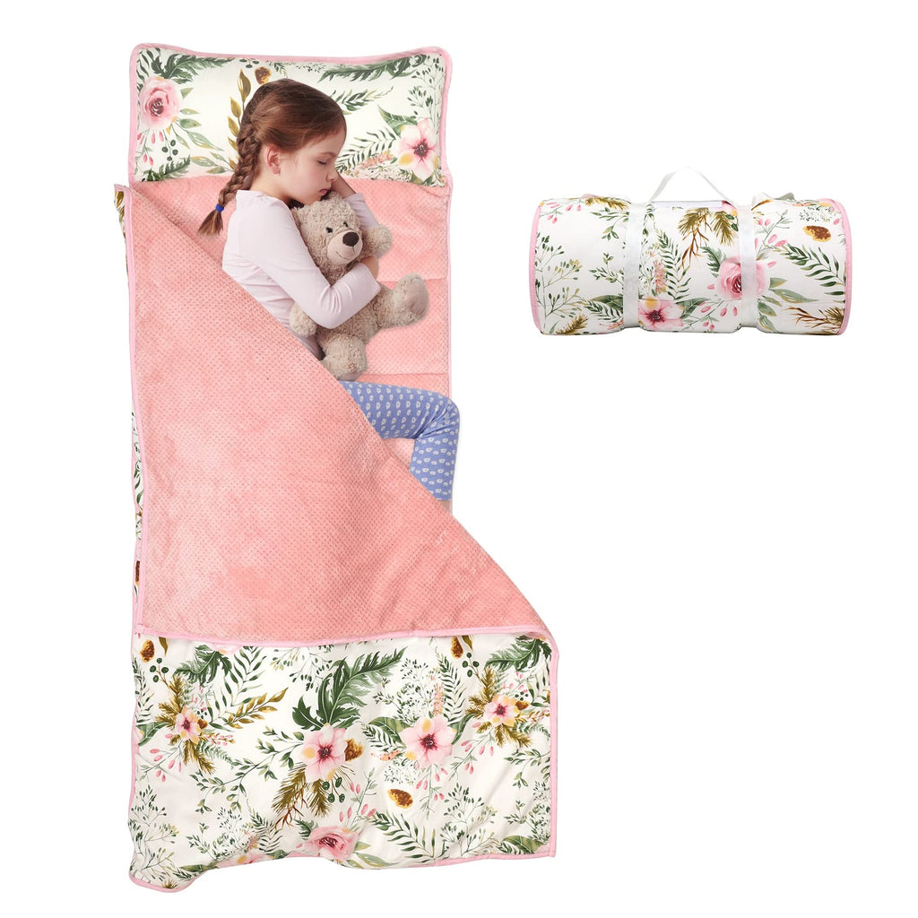 Nap Mats for Preschool,Toddler Nap Mat with Removable Blanket and Pillow, Extra Large Rolled Napping Mats,Toddler Sleeping Bag,Kids Sleeping Bag for Daycare,Nap Mats for Daycare (Flower)