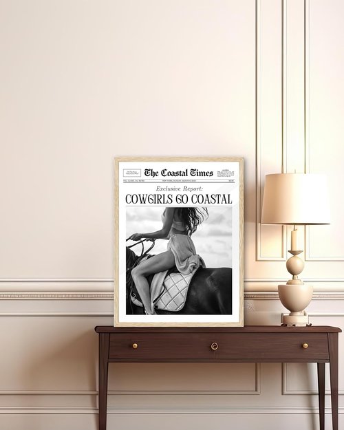 iHery Coastal Cowgirl Wall Art Print - Vintage New York Newspaper Design | 12x16in Black Canvas