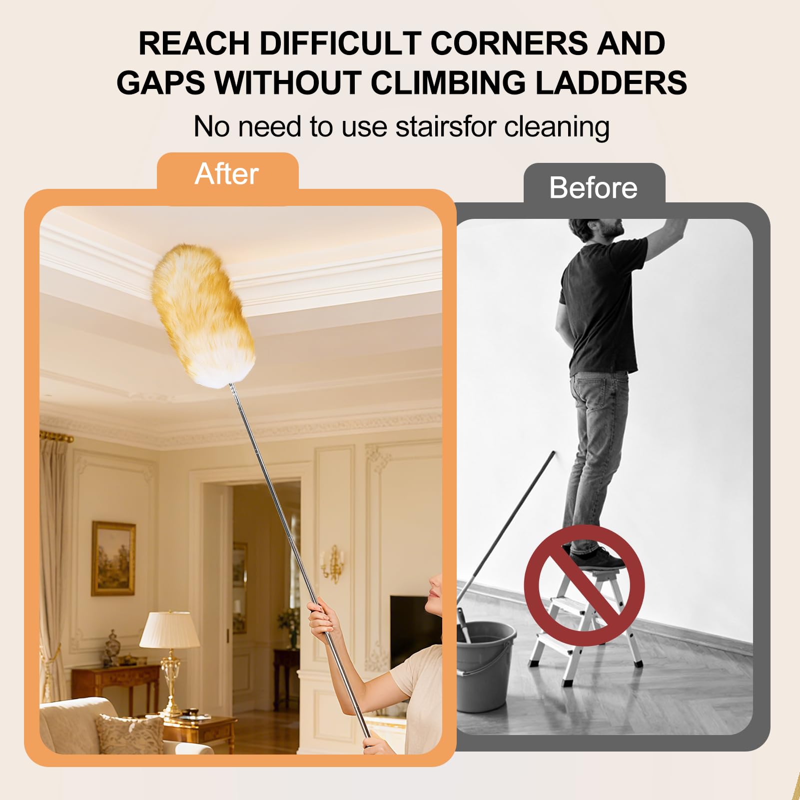 Extendable Lambswool Feather Duster 31-88 Inch, Anti-Static Wool Duster for Cleaning with Stainless Steel Pole - Ideal for High Ceilings, Fans, Interior & Roof (Yellow & White)
