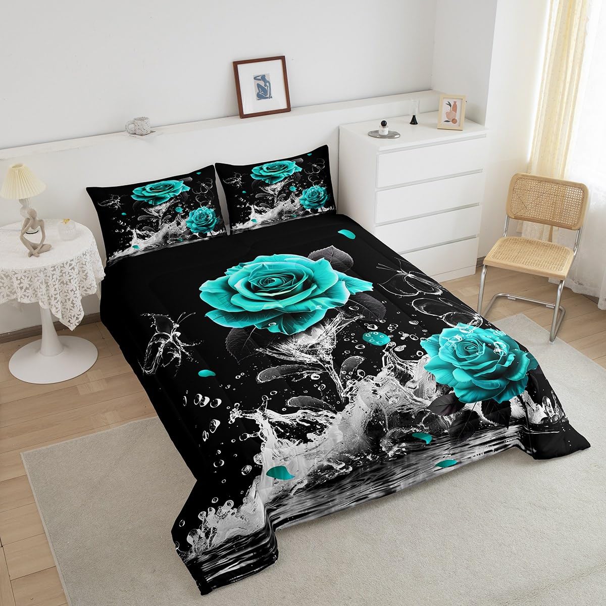 Feelyou Teal Rose Bedding Set Queen Size Romantic Floral Blossom Comforter Set for Adult Black Teal Comforter Reflection on Water Quilt Set 3Pcs