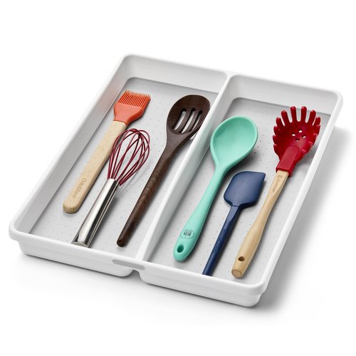 madesmart Premium 2 Compartment Utensil Tray, Deep Storage for Ladles, Whisks & Serving Tools, Non Slip Lining, for Drawers & Home Organization, White