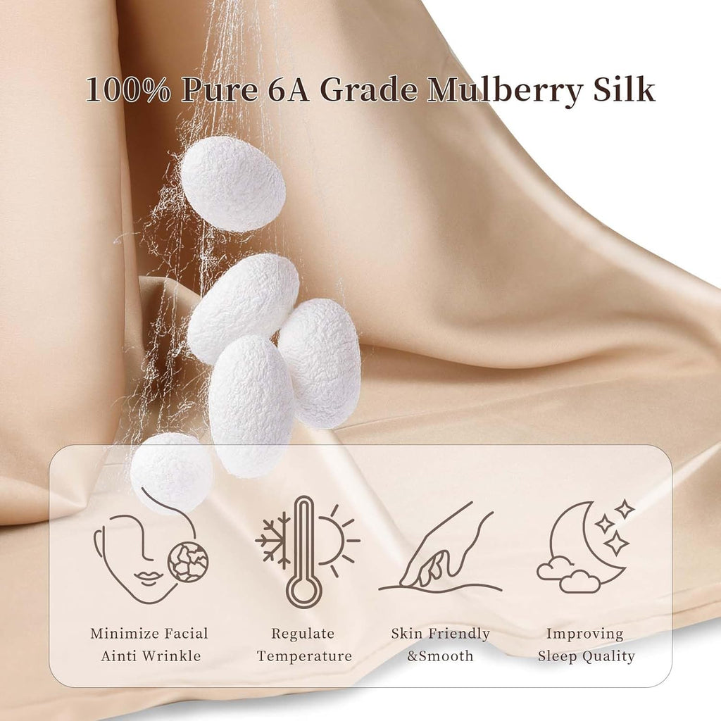 Skiennix 100% Pure Mulberry Silk Pillowcase - Cooling Dual-Sided Design for Hair & Skin | Standard 20” x 26” (Champagne)