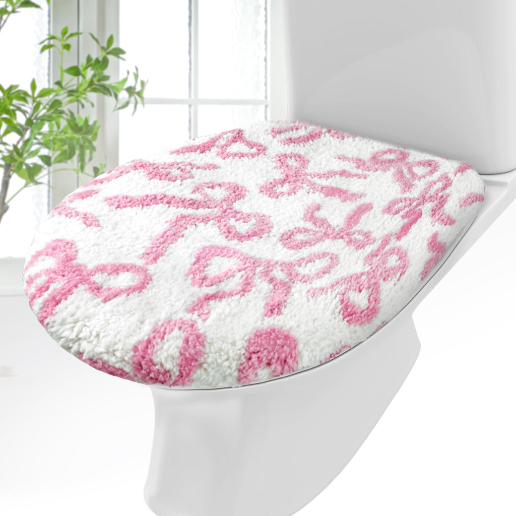 SmoothNovelty Toilet Lid Cover Washable Coquette Cute Plush Toilet Cover for Bathroom Decor Soft Microfiber 17.5 x 15 Inch Non Slip Rubber Backing Fits Most Round, Elongated(Rose Pink,Bow)