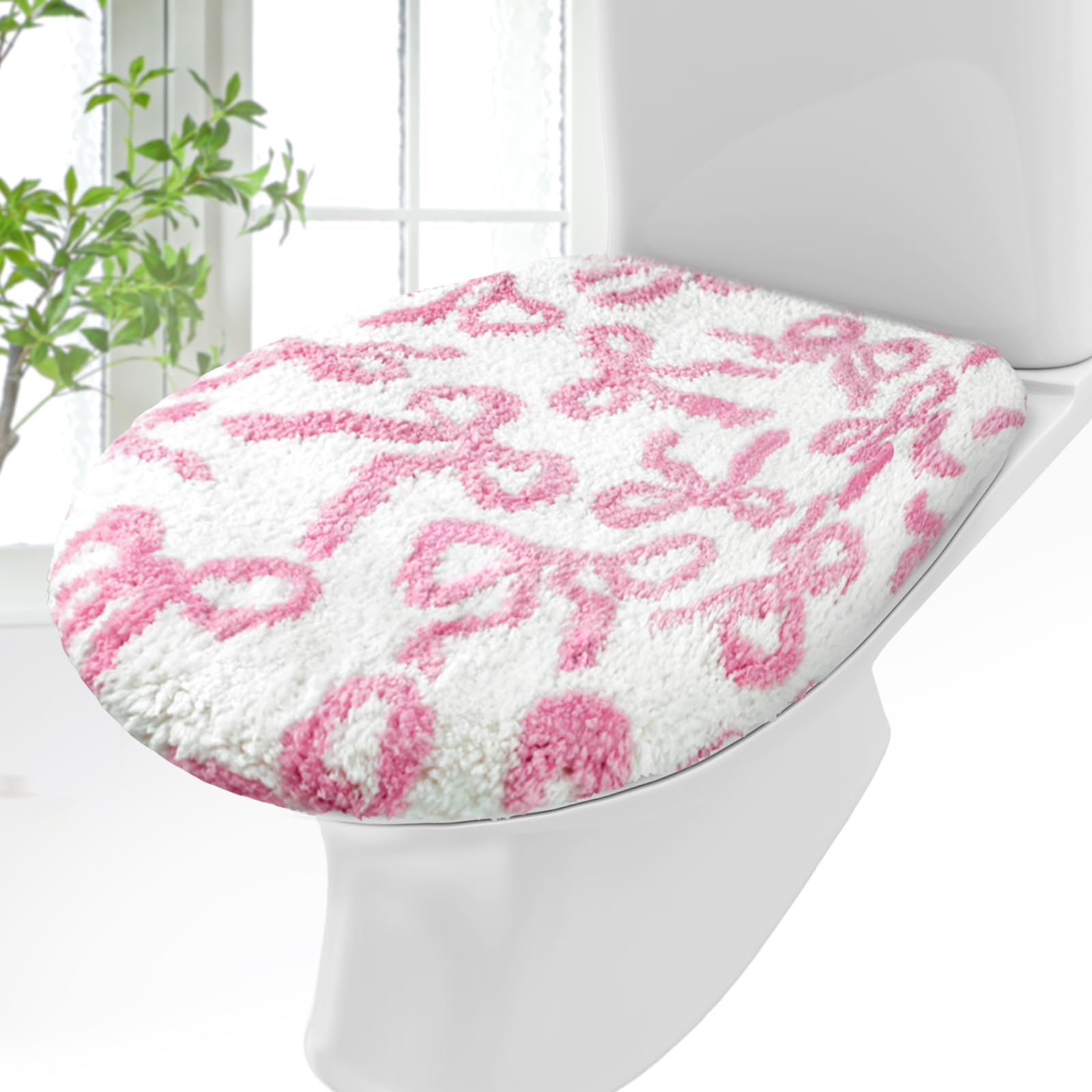 SmoothNovelty Toilet Lid Cover Washable Coquette Cute Plush Toilet Cover for Bathroom Decor Soft Microfiber 17.5 x 15 Inch Non Slip Rubber Backing Fits Most Round, Elongated(Rose Pink,Bow)