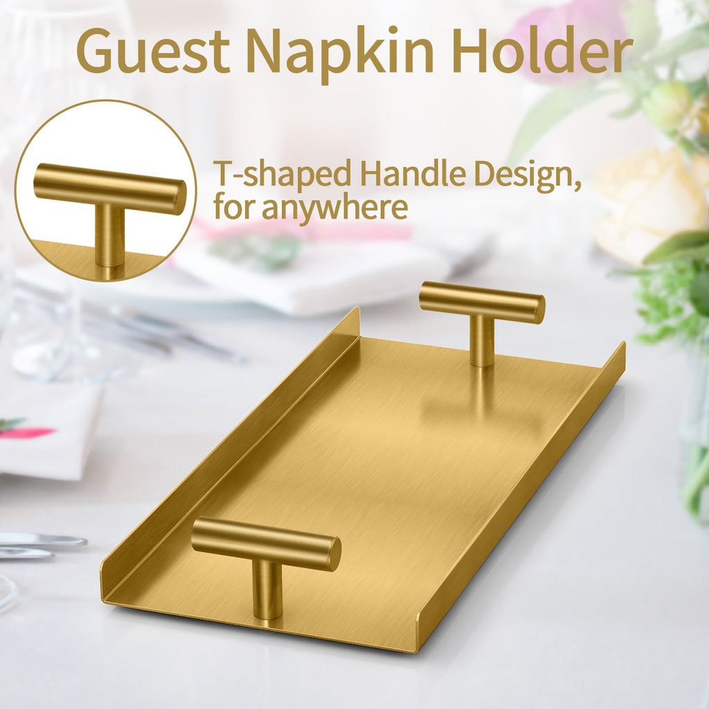 STWWO Napkin Holder for Bathroom, Guest Towel Holder Tray for Bathroom, Gold Guest Napkin Holders with T-Handle, Disposable Hand Towel Tray for Guest Room, Table, Kitchen