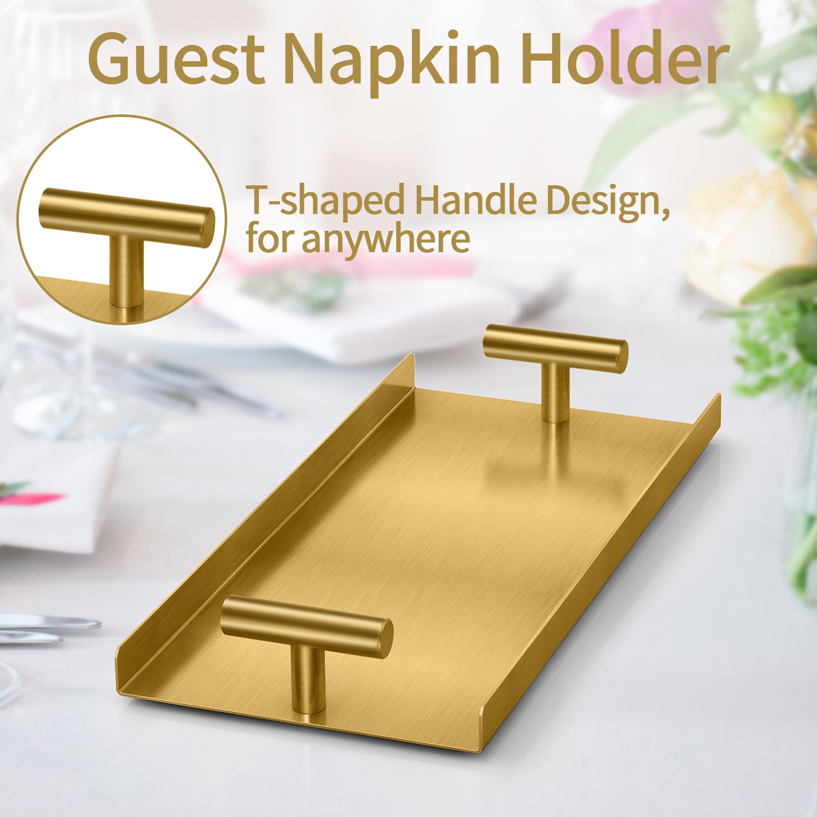 STWWO Napkin Holder for Bathroom, Guest Towel Holder Tray for Bathroom, Gold Guest Napkin Holders with T-Handle, Disposable Hand Towel Tray for Guest Room, Table, Kitchen
