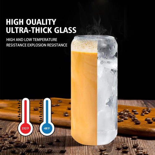 DAMCONME Glass Cups with Lids and Straws Set of 2 - Iced Coffee Cups with Lids for Cold Brew and Beer, 20 oz Can Shaped Glass with Bamboo Lids and Straws - Aesthetic Coffee Bar Gift for Coffee Lovers
