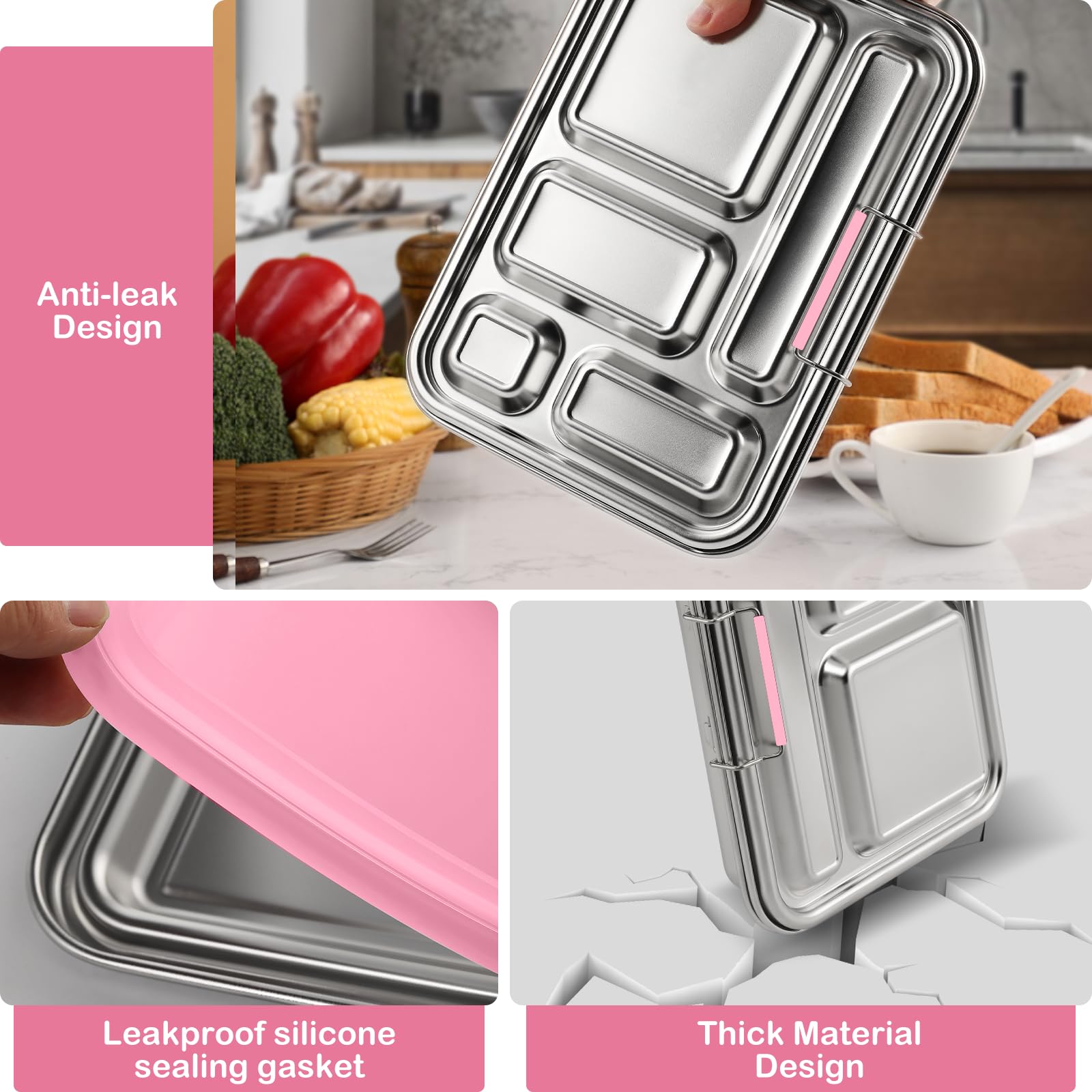 TOURPOR Stainless Steel Bento Box for Adults & Kids, 5-Compartment Lunch Box with 2 Sauce Containers, BPA-Free Bento Lunch Container, Dishwasher Safe, School & Work Meal Prep Lunch Container (Pink)