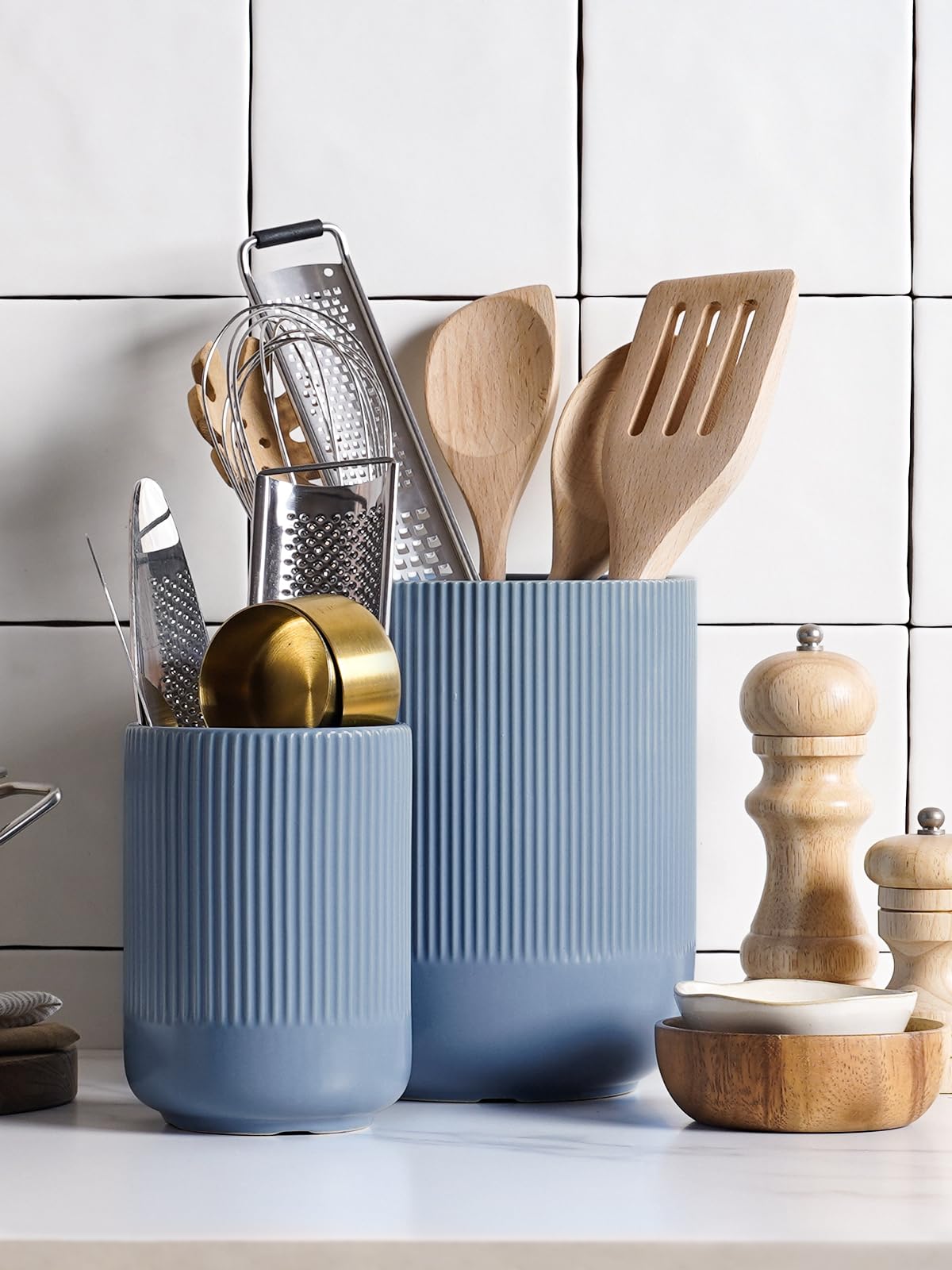 LE TAUCI Utensil Holder for Kitchen Counter, 7.3"+5.4" Fluted Ceramic Utensil Crock Organizer for Countertop, Heavy Large Holder for Spatulas, Spoons, Set of 2, Dusty Blue