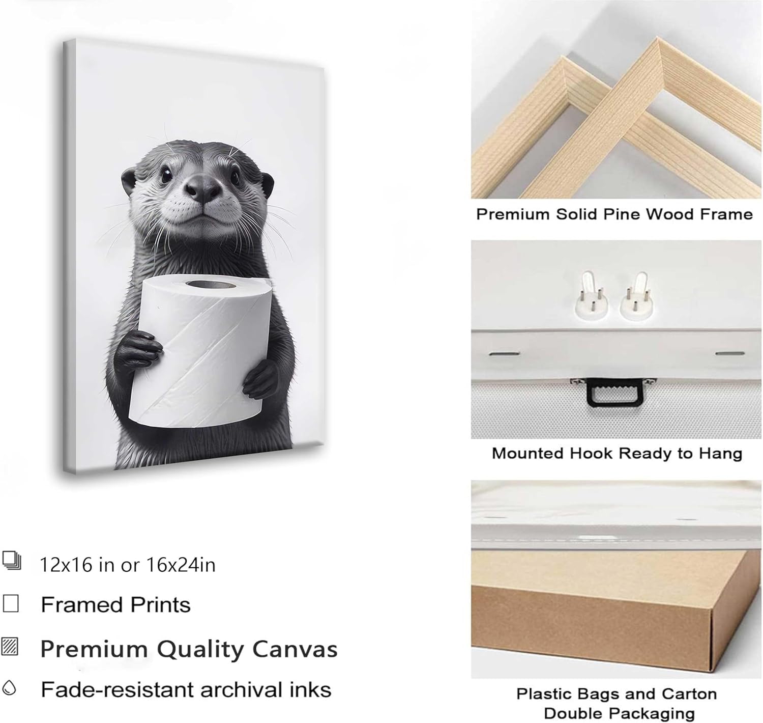 Regine Switzerland Funny Raccoon Canvas Wall Art - Black & White Farmhouse Bathroom Decor