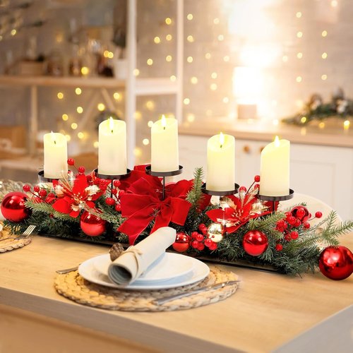 Funnymoom Christmas Tabletop Centerpiece - 30-Inch Poinsettia Candle Holder with Red Berries & Gold Accents