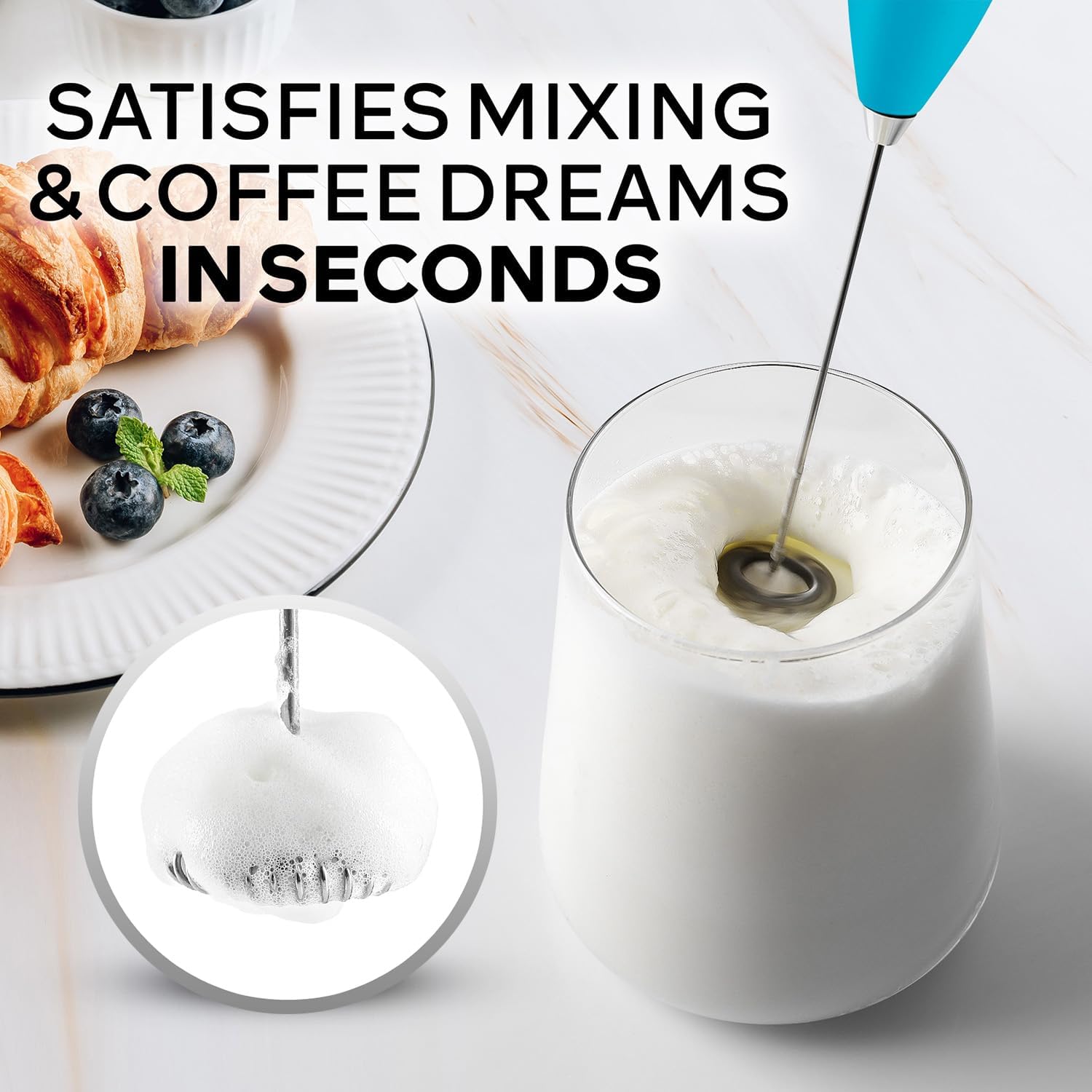 Zulay Kitchen Milk Frother Wand - Ultra-Fast Handheld Electric Whisk for Coffee & Lattes - Blue Teal