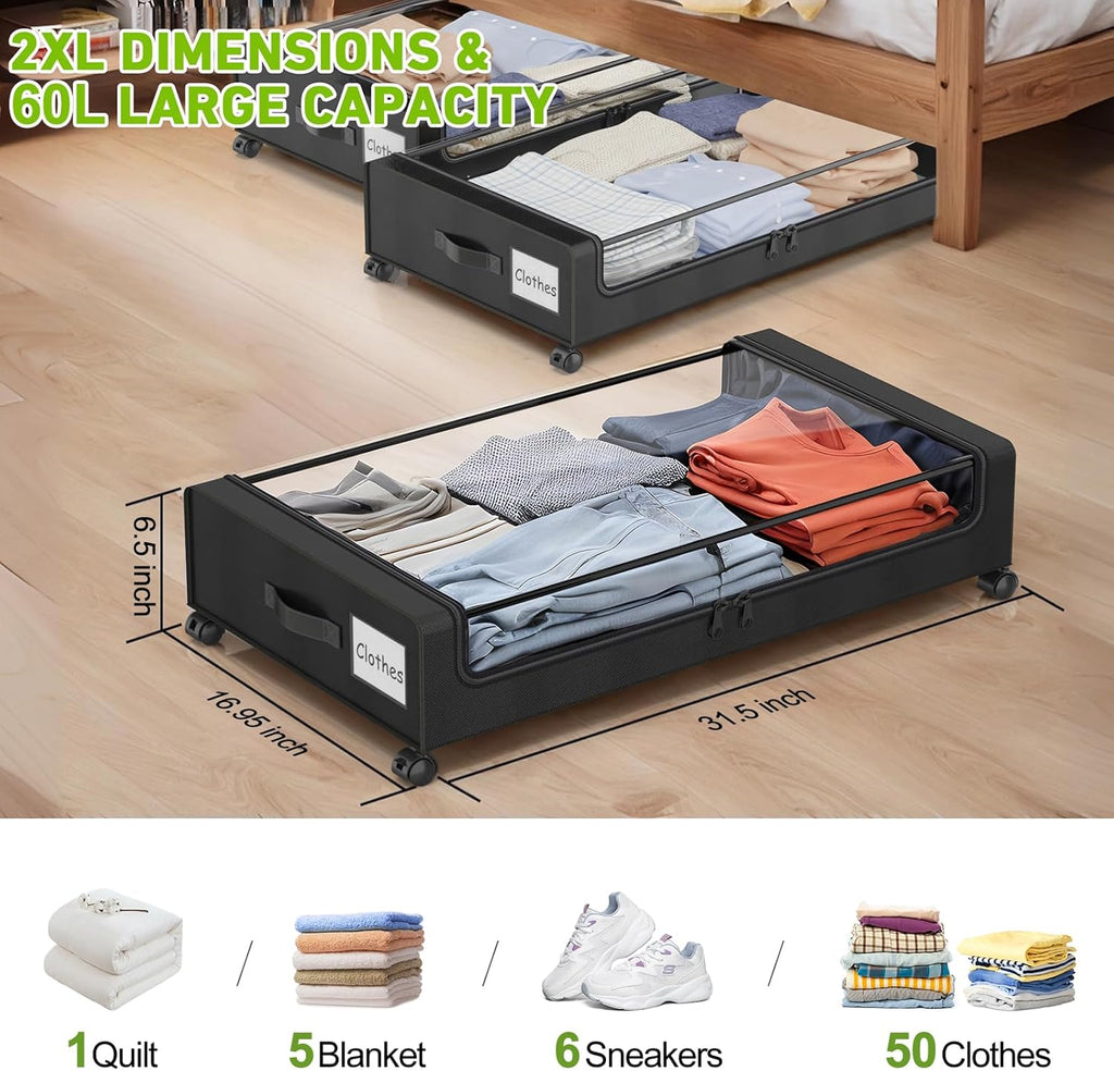 Beborxue Under Bed Storage Bins - XXL 60L Rolling Containers with Lids for Clothes & Shoes | 2-Pack (Black)