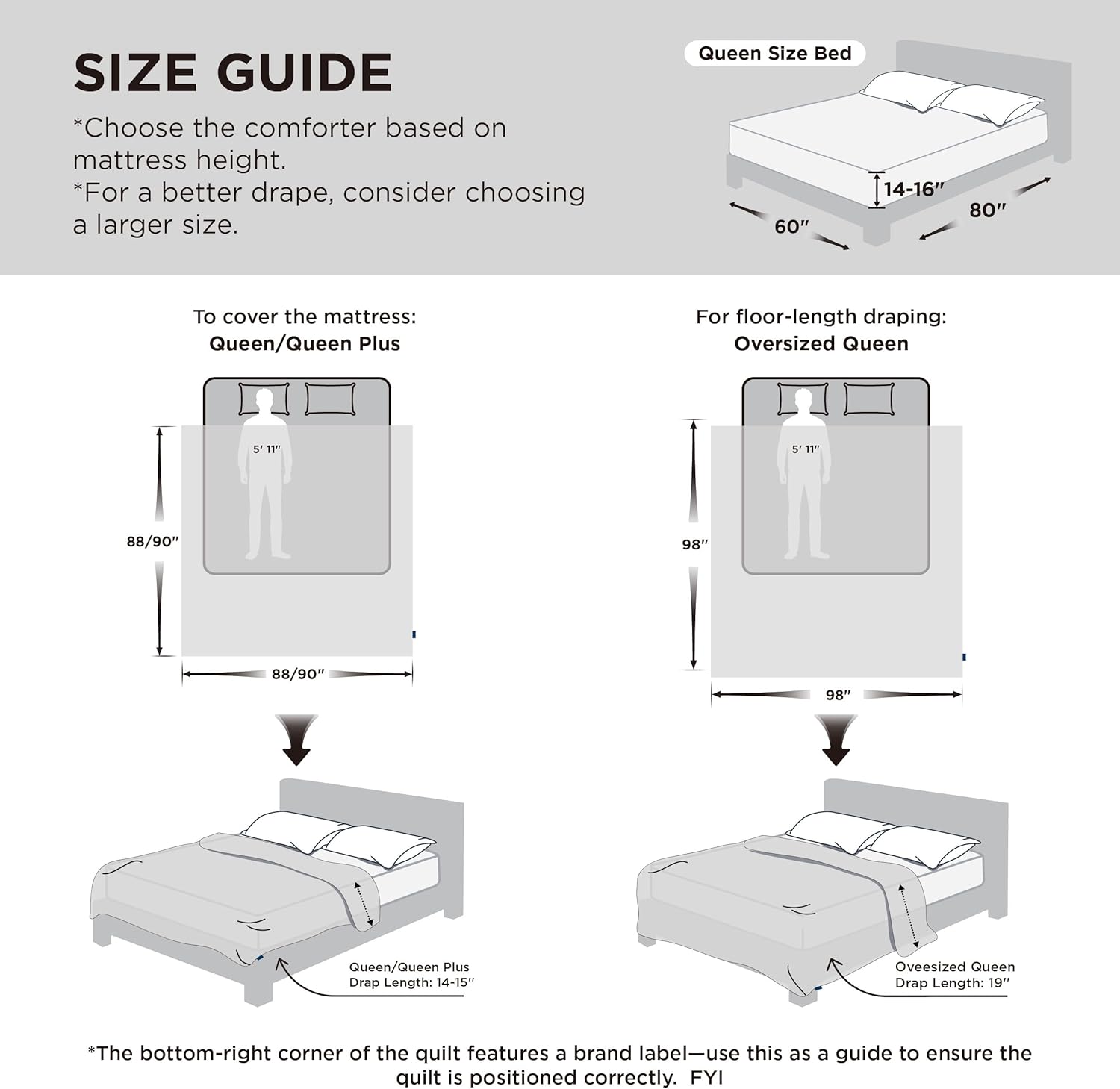 Bedsure Comforter Duvet Insert - Oversized Queen Size All-Season Down Alternative Bedding, Grey 98 x 98 Inches