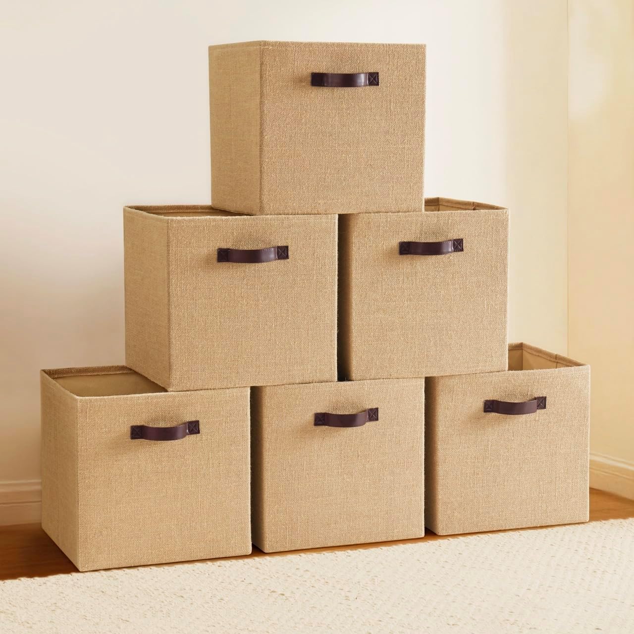 Ornavo Home Storage Cube Bins - 10.5 x 10.5 Jute Baskets, 6 Pack, Foldable with Leather Handles