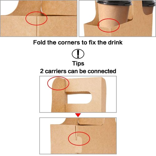 Kaderron 100 Pack Kraft Drink Carrier with Handles - 2 Cups or 4 Cups Assemblable Disposable Paperboard Drink Holders Great for All Your Drink and Food Delivery(2 Cup-100 Pack)