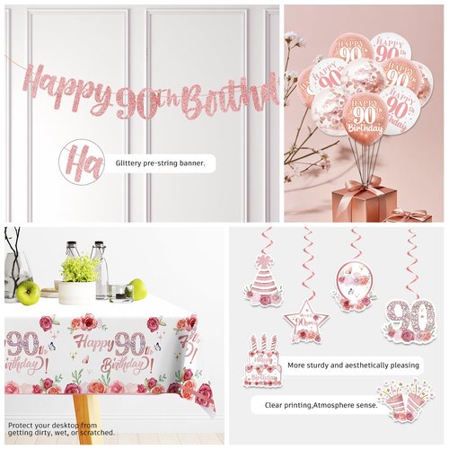 192pcs 90th Birthday Decorations for Women, Serves 25, All-in-One Ninety Birthday Decorations, Rose Gold 90th Birthday Plates and Napkins with Banner, Tablecloth, Balloons & Cupcake Toppers
