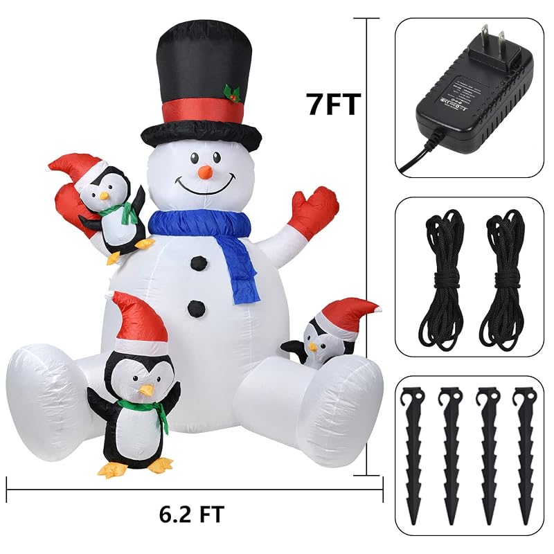 7 ft Lighted Christmas Inflatable Snowman with Three Penguins - Outdoor Holiday Yard Decor