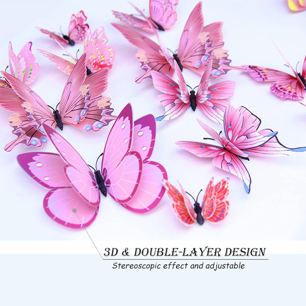 OPSEAM 3D Butterfly Wall Decor - 48 PCS Pink Butterfly Stickers with Magnets for Party Decorations