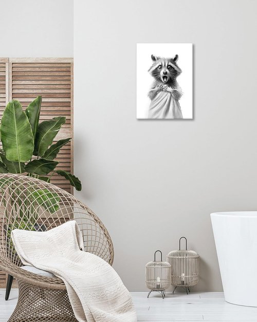 HesenDot Raccoon Wall Art - Funny Black and White Canvas Print for Bathroom | 12x16in Decor