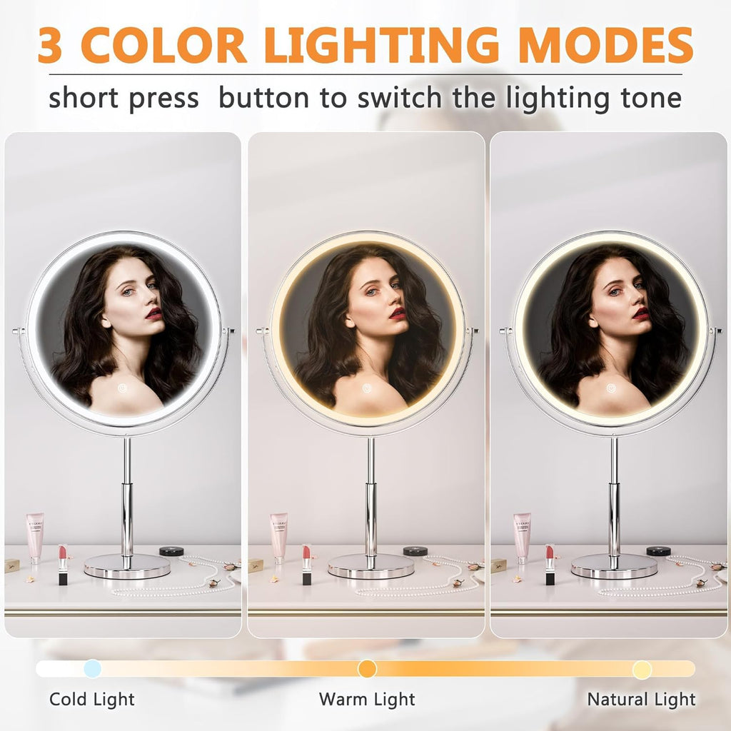 Hasipu 10” LED Makeup Mirror with 7X Magnification - Rechargeable Vanity Mirror, 3 Color Modes, Touch Control, 360° Rotation & Adjustable Height