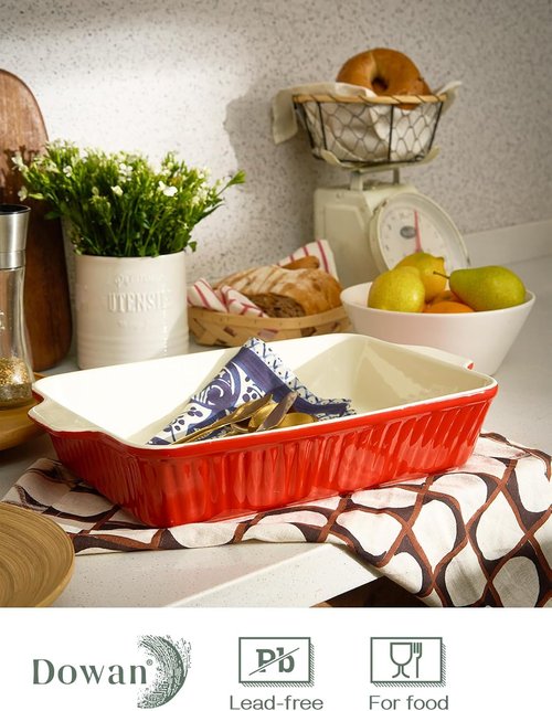 DOWAN 9x13-Inch Deep Casserole Baking Dish - 135 oz Ceramic Pan with Handles, Oven Safe, Red