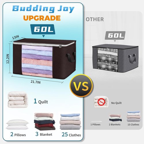 Budding Joy Foldable Large Blanket Storage Bags - 60L Capacity, Enhanced Handles, 6-Pack | Brown