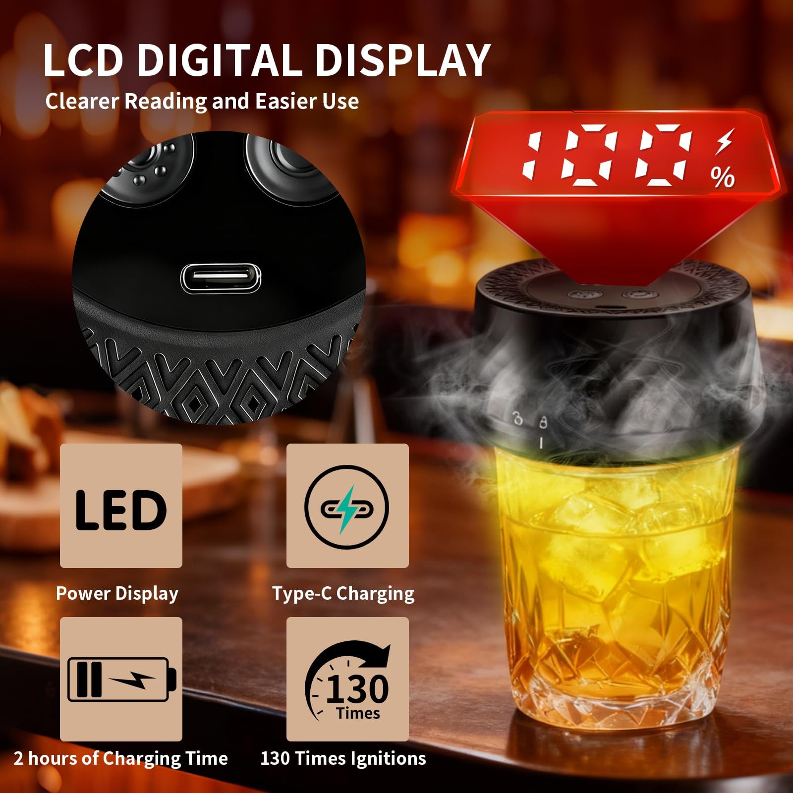 Electric Whiskey Smoker Kit, Fathers Day Mens Gifts for Men Dad Husband from Daughter Son Wife, Rechargeable Cocktail Smoker with 6 Wood Chips Built-in Lighter, Old Fashioned Bourbon Drink Smoker Kit