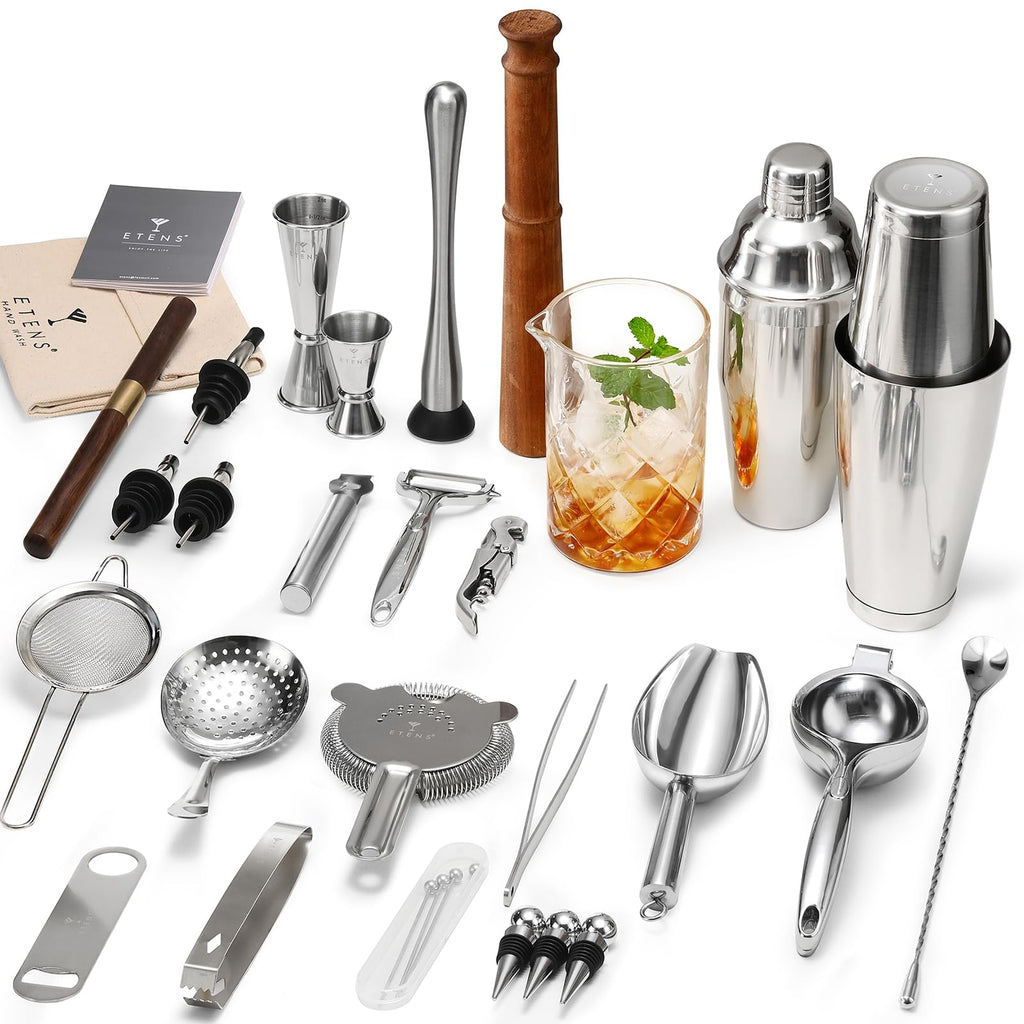 ETENS 33-Piece Professional Bartender Kit with Weighted Boston Shaker – High End Mixology Set for Home Bar – Stainless Steel Barware Tool Set Unbreakable Citrus Squeezer, Ice Scoop & Mixing Glass
