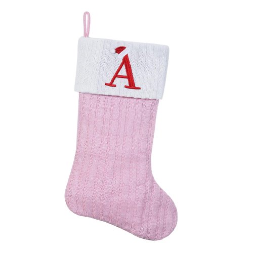 Shgngle Pink Knit Christmas Stockings Personalized, 19.5 Inches Embroidered Letter Christmas Stocking for Holiday Decorations and Xmas Gift(Initial A)