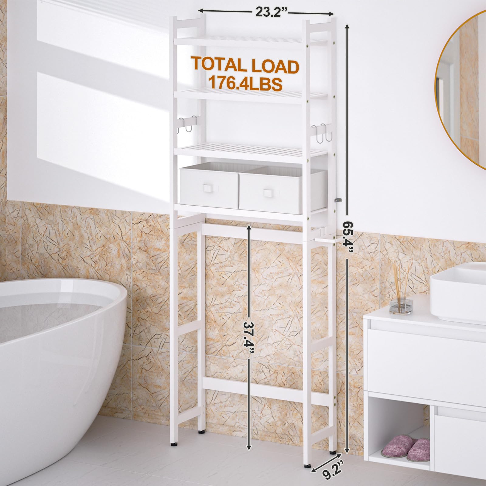 Cozivolife Over The Toilet Storage: 4-Tier Bamboo Organizer Rack with 2 Baskets & Paper Holder & 4 Hooks & Waterproof Feet Pad, Adjustable Freestanding Shelf for Bathroom (White)