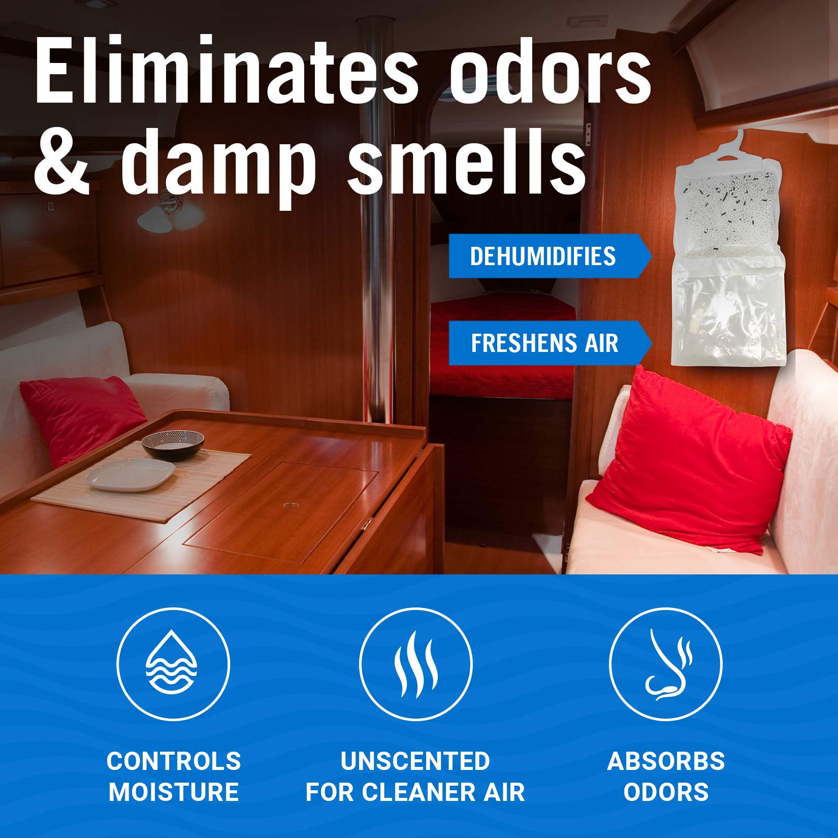 4 Pack Moisture Absorber Hanging Bags, Boat Dehumidifier with Charcoal, Unscented, Removes Dampness and Musty Odors, Ideal for Basement, Closet, Home, Car, RV, and Boating