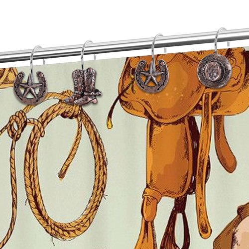 CTOHN 12-Piece Western Shower Curtain Hooks, Cowboy Stainless Steel Decorative Shower Hangers Rings for Country Farmhouse Bathroom Decor