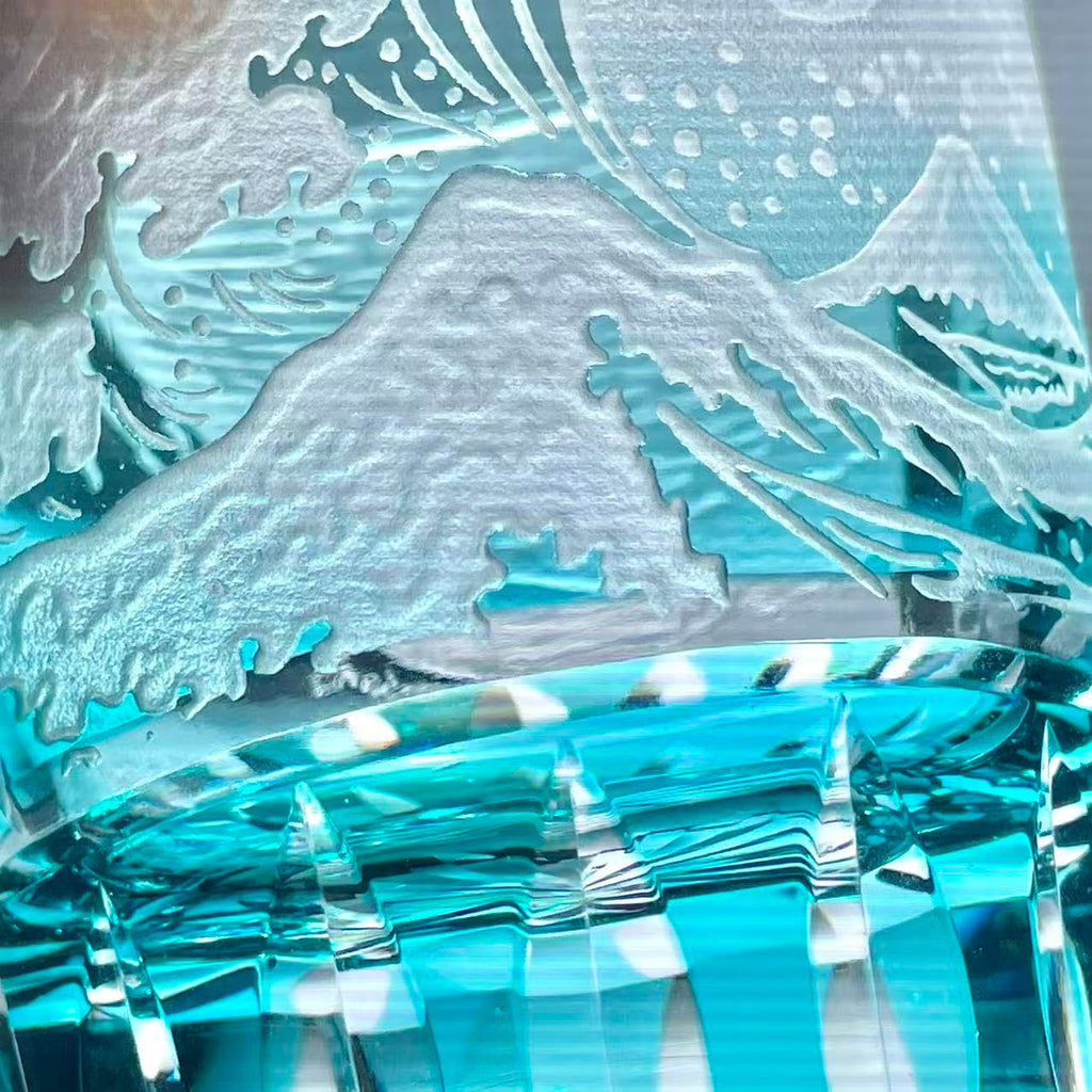 suigetsu Crystal Luxury Whiskey Glass, Mount Fuji Design, Japanese Style Hand Cut Glass Tumblers (turquoise)