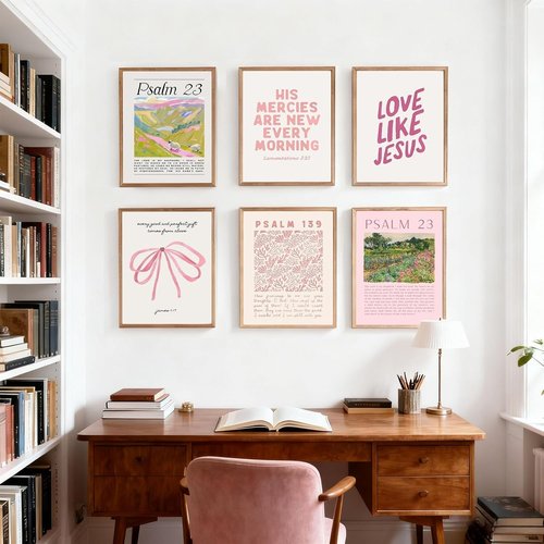 Christian Canvas Wall Art by Pink - Set of 6 Bible Verse Prints | Trendy Religious Decor for Girls' Room