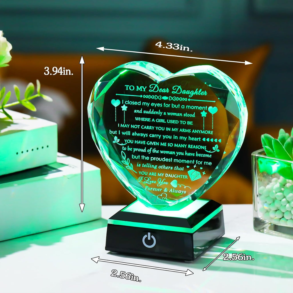 YWHL Heart Crystal Gift for Daughter - Colorful LED Base | Perfect Birthday & Holiday Present