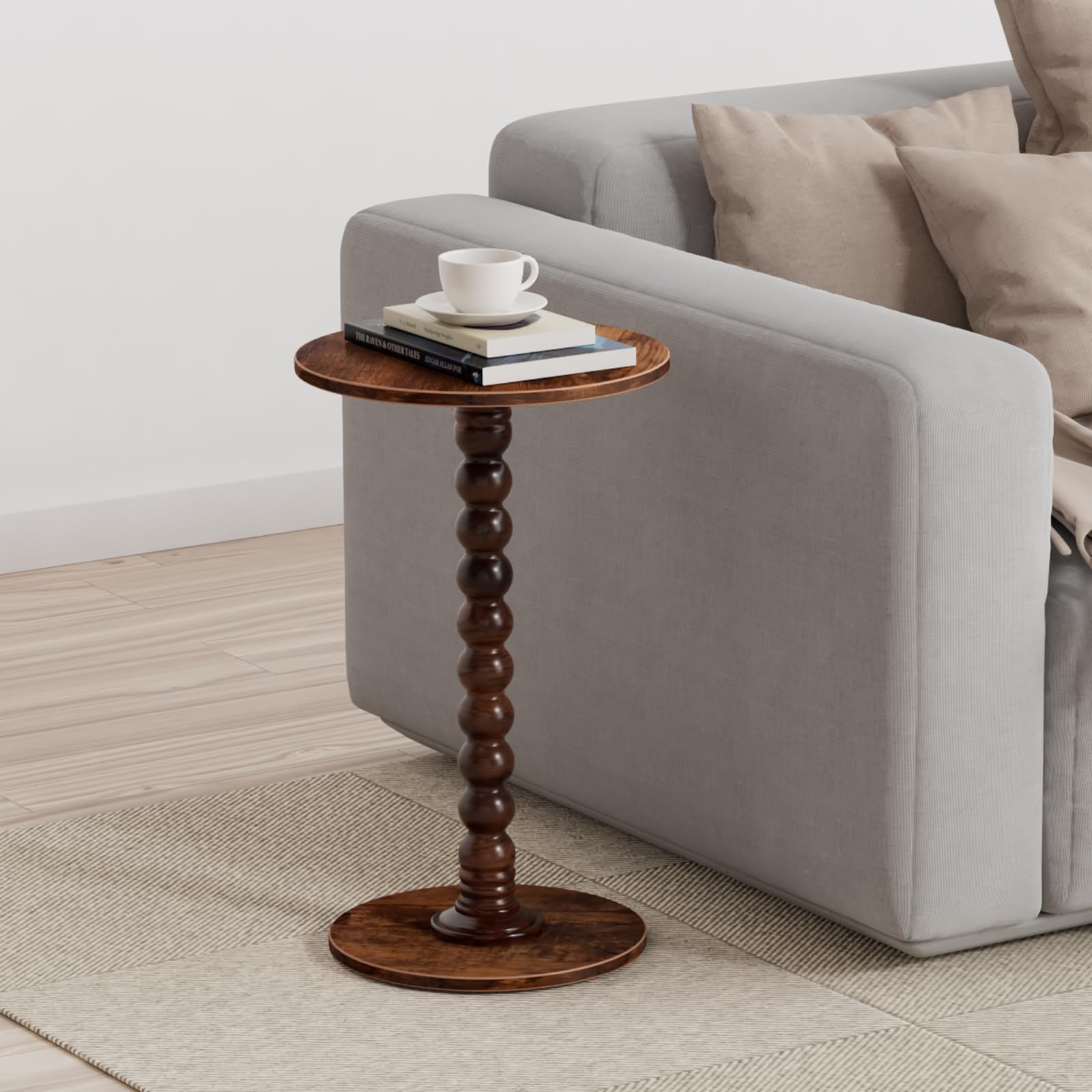 Yaoyiizy Drink Table, Drink Tables for Small Spaces, Modern Accent Nightstand with Solid Wood Leg for Living Room, Bedroom, Bathroom, Brown