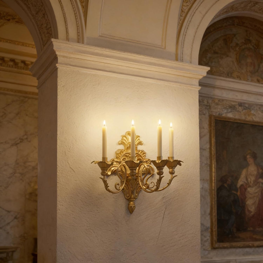 Roman Fountain Wall Sconce - 4-Candle Gold Baroque Candelabra | Antique Metal Wall Mounted Holder for Tapered Candles