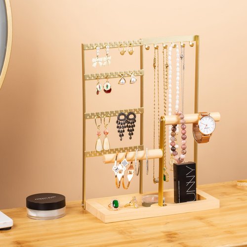 Jewelry Organizer Stand, Jewelry Holder, Lengnoy 4 Tier Earring Holder with 48 Holes and 6 Hooks Necklace Organizer Wood Box for Necklace Bracelet Earring Ring, Gold