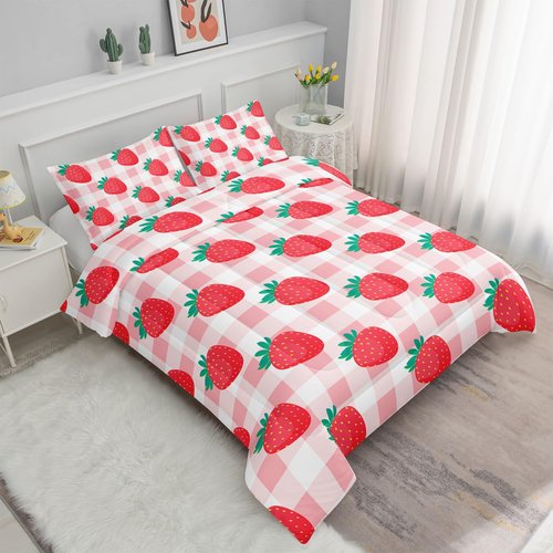 Datura home Kawaii Strawberry Comforter Bedding Set for Girls ,Pink Grid Pattern Bedding Set with 1 Comforter and 2 Pillowcases for Girls Bedroom All Season(Strawberry Full) Full 80x90inches