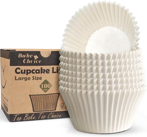 Bake Choice Jumbo Cupcake Liners - 100 Pcs Greaseproof White Muffin Wrappers for Parties & Events
