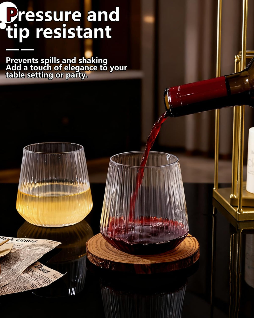 YOUBET 40 Pack Plastic Ribbed Wine Glasses - 14 OZ Clear Thicker Origami Stemless Disposable Wine Glasses - Heavy Duty Unbreakable Vintage Whiskey Cups for Wedding Parties Bar