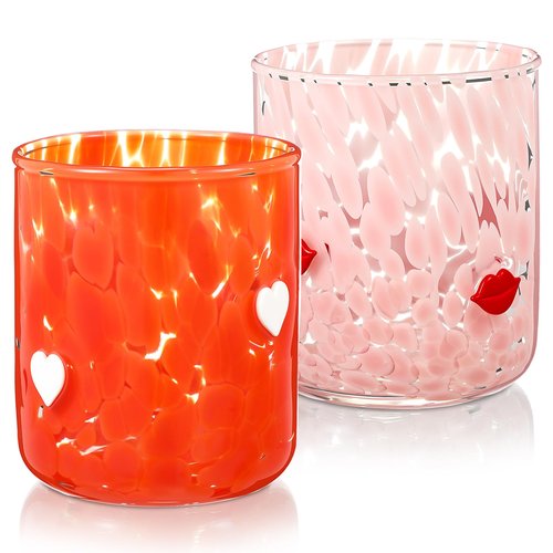Willinglong 2 Pcs Valentine's Day Icon Juice Glass 16 Ounce Heart and Lip Themed Drinking Cocktails Glasses for Party, Pink Red Cute Double Old Fashioned Reusable Cups for Home Bar Decor Lovely Gift