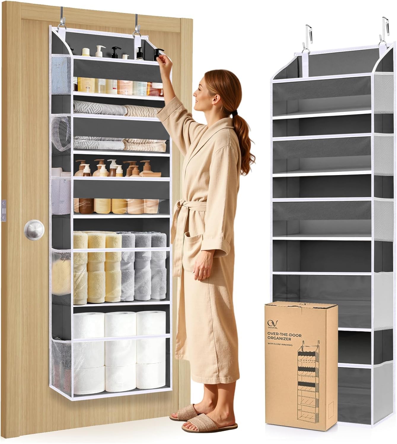 Ordovibe 5 Tiers Over Door Organizer with 10 Mesh Side Pockets, 44 lbs Weight Capacity Hanging Storage Organizer with Clear Window Kids Toys, Shoes, Diapers, Dark Gray