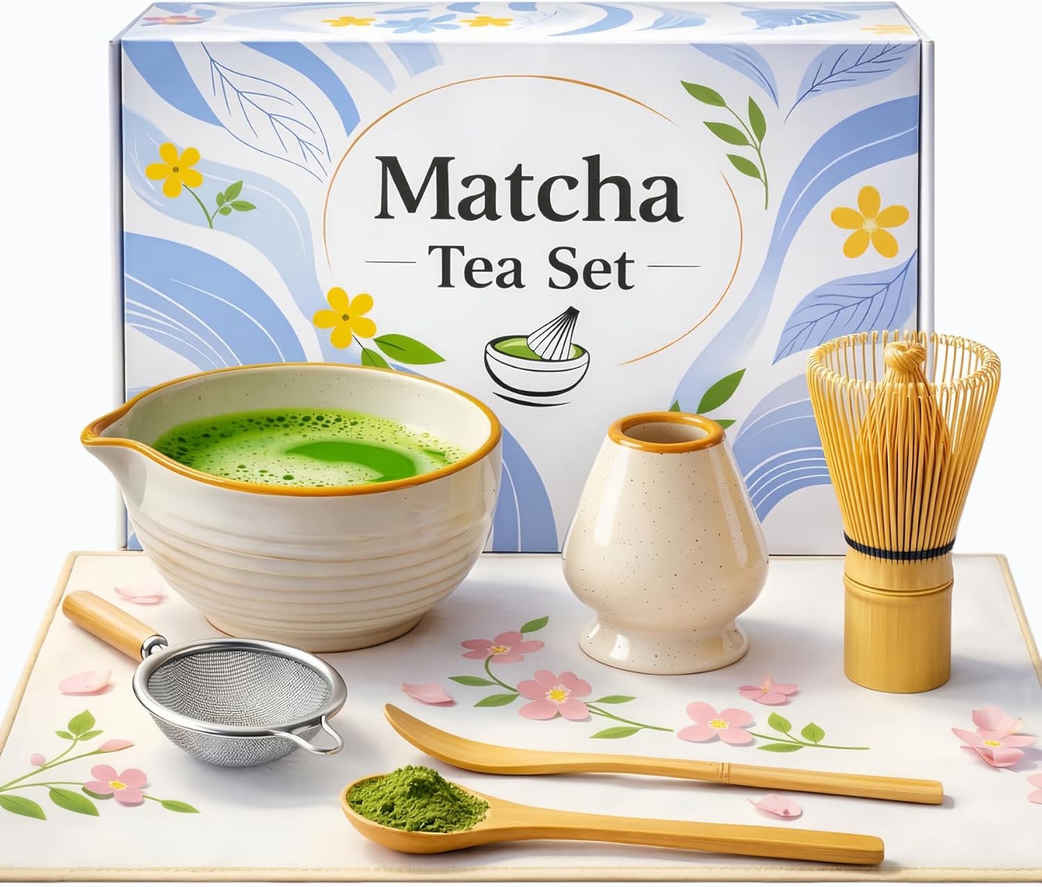 Skiennix 7-Piece Matcha Set - Japanese Matcha Kit with Ceramic Bowl, Whisk, Sifter & More