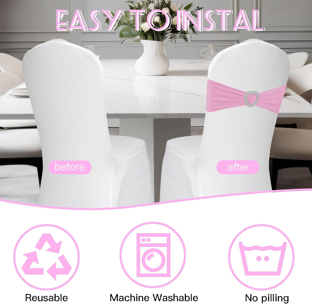 Skiennix Spandex Stretch Chair Sashes - 100PCS Universal Elastic Covers with Buckle Slider | Pink for Weddings & Events