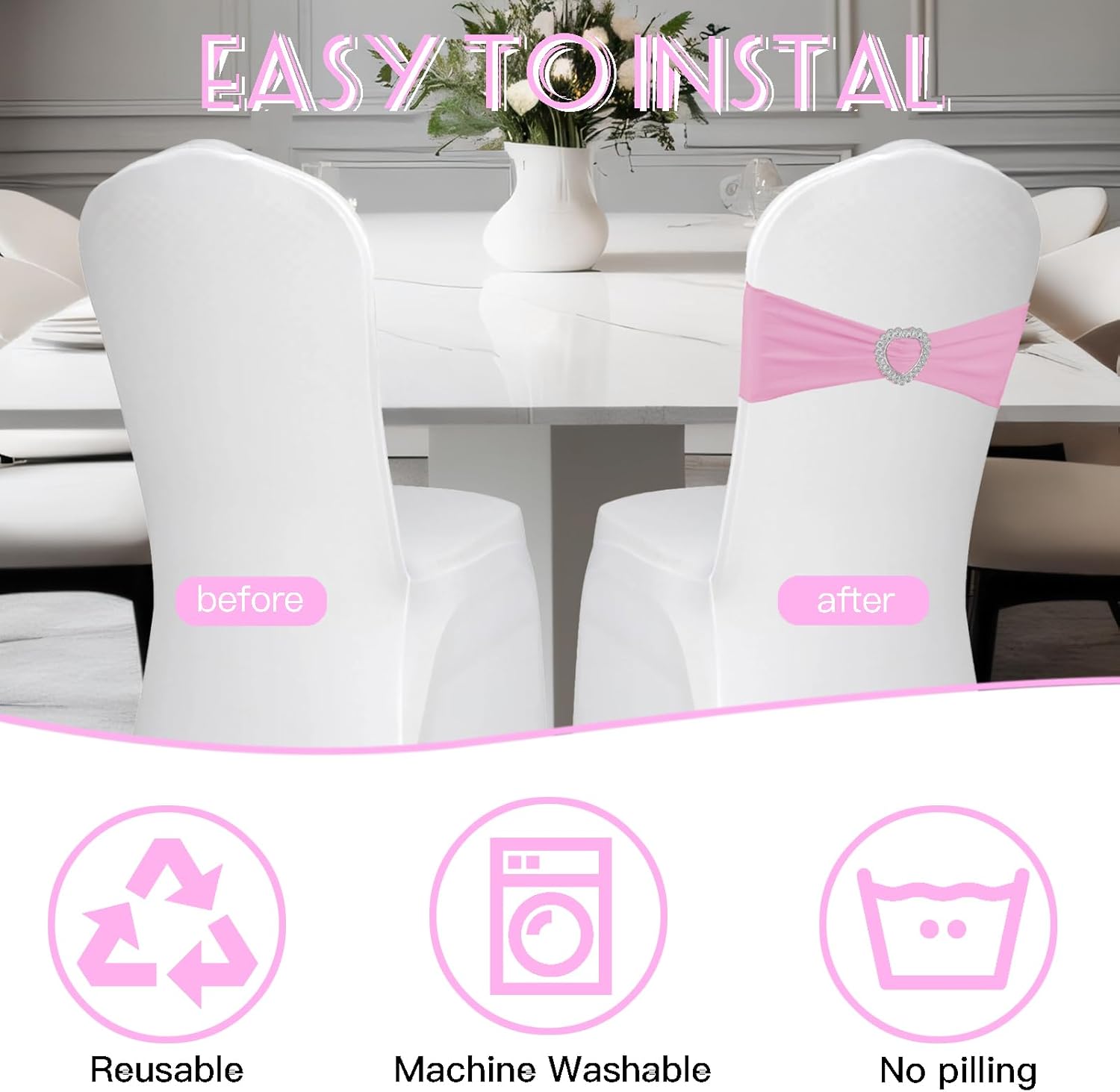 Skiennix Spandex Stretch Chair Sashes - 100PCS Universal Elastic Covers with Buckle Slider | Pink for Weddings & Events
