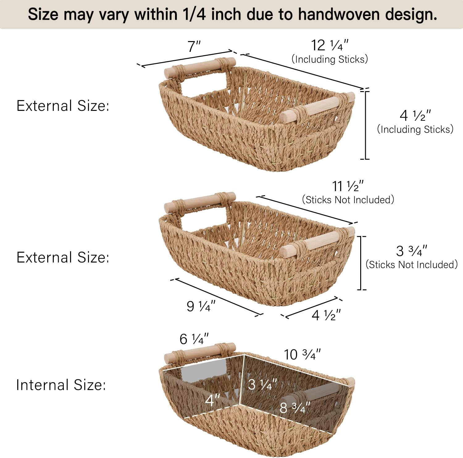 StorageWorks Small Hand-Woven Wicker Baskets - Round Paper Rope with Wooden Handles, Light Brown, 2-Pack