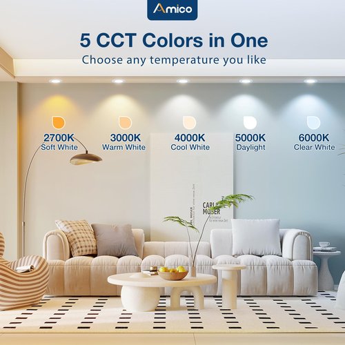 Amico 5/6 inch 5CCT LED Recessed Lighting 12 Pack, Dimmable, Damp Rated, 12.5W=100W, Can Lights with Baffle Trim, Retrofit Installation, ETL&FCC, White